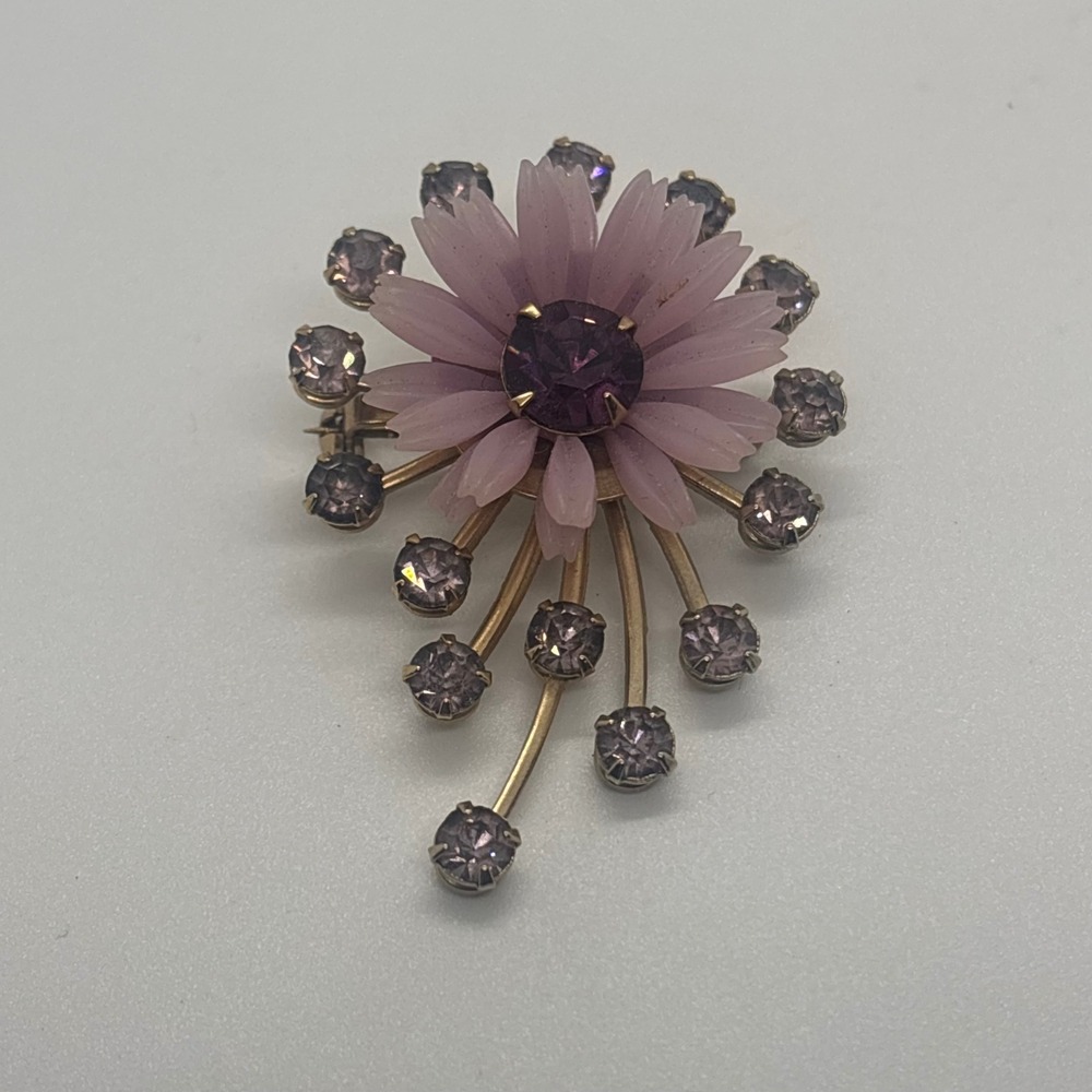Vintage Pink Flower Sunburst Brooch Lavender Rhinestone Gold Tone Spray‎ Pin